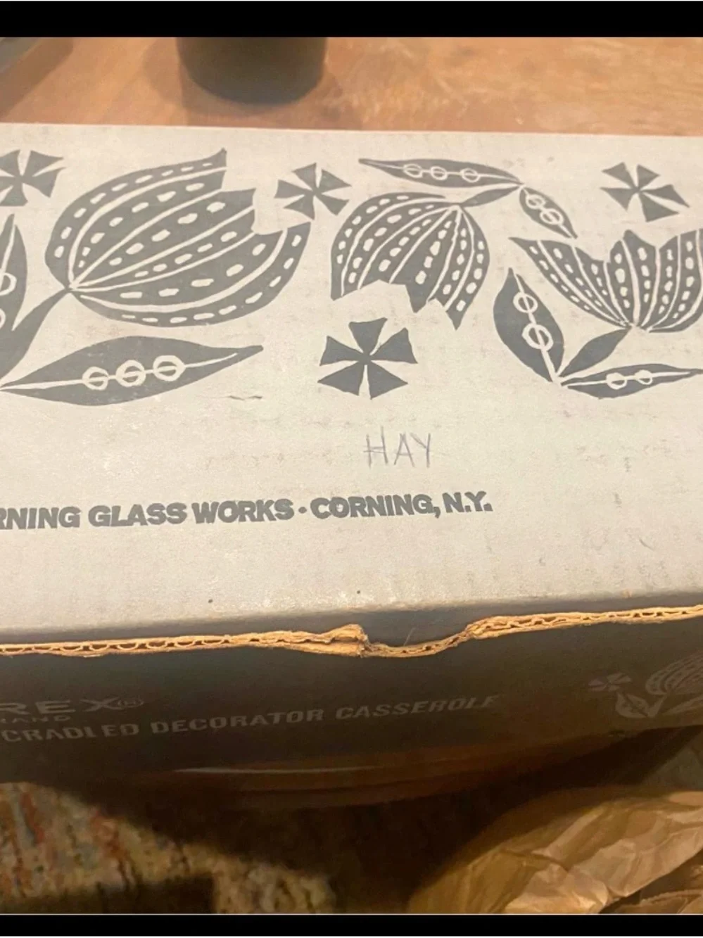 Pyrex White Glass Casserole Dish with Black Floral Band and Clear Lid